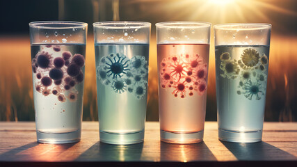 Glass with dirty water  as water pollution concept. hygiene and health concept with germs stickers on it.