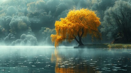 Fototapeta premium autumn landscape with trees and fog