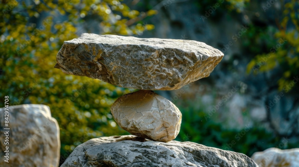 Wall mural a massive stone balancing precariously on a smaller rock defying gravity and human understanding.