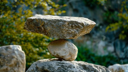 A massive stone balancing precariously on a smaller rock defying gravity and human understanding.