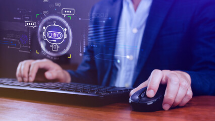 Businessman using for digital chatbot, robot application, conversation assistant, AI Artificial Intelligence concept, digital chatbot on virtual screen.