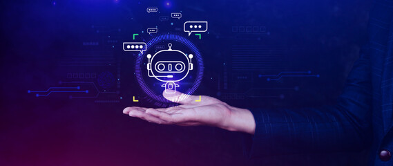 Businessman using for digital chatbot, robot application, conversation assistant, AI Artificial Intelligence concept, digital chatbot on virtual screen.
