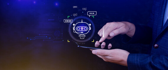 Businessman using smartphone for digital chatbot, robot application, conversation assistant, AI...