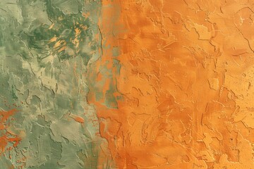 Naklejka premium Decorative plaster technique is creating a unique pattern on the wall with a spatula. The surface is painted with orange and green paint for a dramatic color contrast
