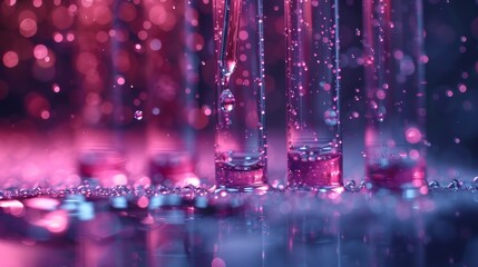 Close-up of several test tubes in vibrant pink and blue tones with bubbles and a bokeh background