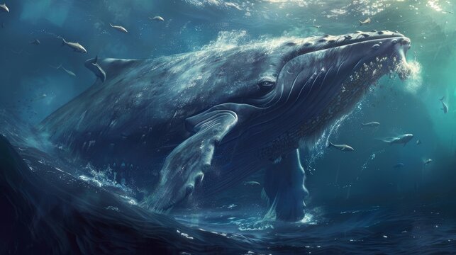 A gathering of curious sea creatures drawn to the commotion of a whale fall.