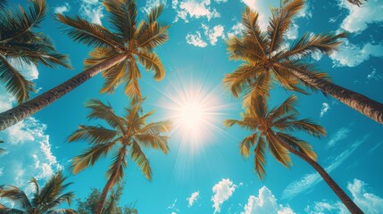 A sunburst seen through the silhouette of palm trees, symbolic of tropical paradise and relaxation