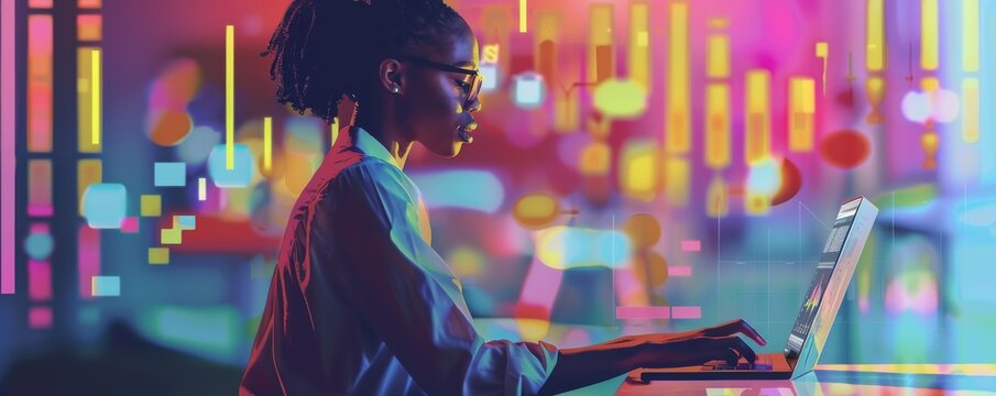 Young professional woman programmer working late using laptop computer with abstract data overlay