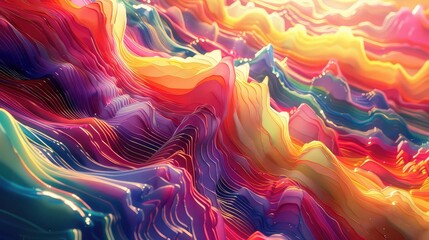Digital waveforms pulsing with vibrant colors, abstract, 3D render, high detail, fluid motion,