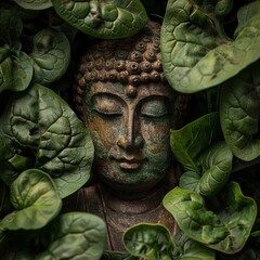 Fototapeta premium A jade Buddha statue surrounded by spinach plants