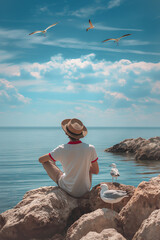 surreal photo. a surreal scene, a teenage boy with white t-shirt with red collars and straw hat with black lines sitting down on rocks looking at the horizon of vast calm ocean