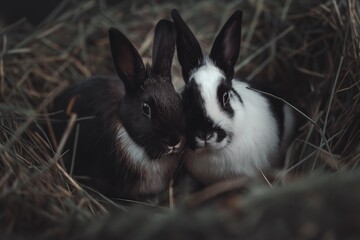 Obraz premium Portrait photo of two rabbits sitting in hay, looking at the camera. There is a shallow depth of field, natural light, and a soft focus.