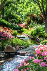 A beautiful garden with a stream running through it