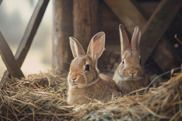 Obraz premium Portrait photo of two rabbits sitting in hay, looking at the camera. There is a shallow depth of field, natural light, and a soft focus.