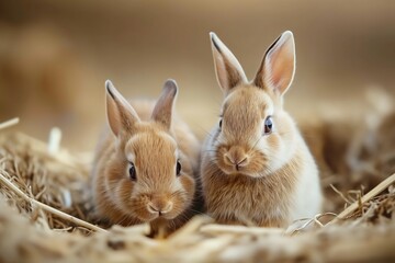 Portrait photo of two rabbits sitting in hay, looking at the camera. There is a shallow depth of field, natural light, and a soft focus.