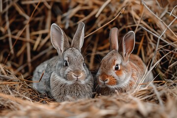 Fototapeta premium Portrait photo of two rabbits sitting in hay, looking at the camera. There is a shallow depth of field, natural light, and a soft focus.
