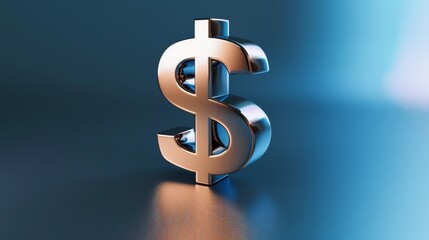 Large shiny metallic dollar sign standing on reflective surface with blue background