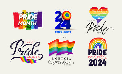 Big set of Celebrate Pride Month 2024 Label. Collection of poster, card, template Celebrating Pride Month logo with brush color. Vector illustration. 2024 Happy text with flag illustration design.