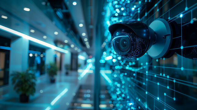 camera in a modern office building, digital security system concept with a blue glowing data and technology background