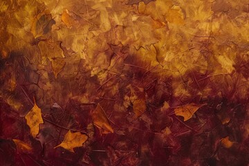 Vibrant and textured background featuring fallen autumn leaves in warm shades of orange, red, and...