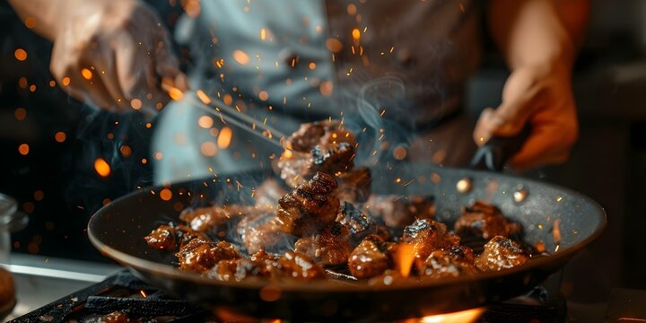 Intimate cinematic shot of a home chef grilling meat in a pan. Concept Food Photography, Culinary Creations, Home Cooking, Chef's Specials, Sizzling Grill