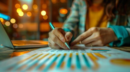 Hand of a businesswoman analyzing and interpreting financial charts and graphs
