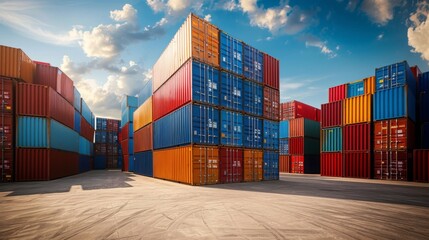 Shipping containers stacked high in a storage yard for logistical efficiency