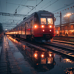 Obraz premium A train is on the tracks at night, with the lights on and the train lights on