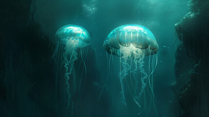 Huge glowing jellyfish underwater among corals. Illustration of large jellyfish swimming in the ocean. Undersea world.