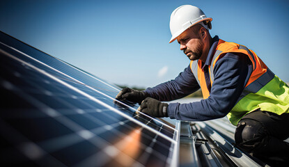 A man in a yellow vest is working on a solar panel