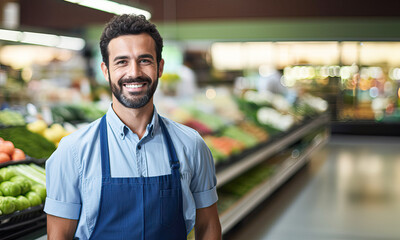 A smiling man in a blue apron stands in front of a produce section of a grocery