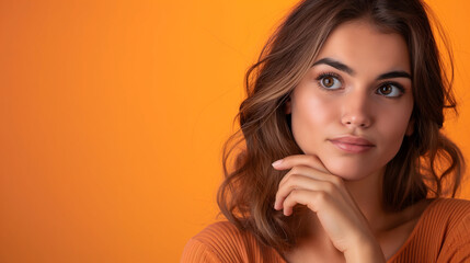 Fototapeta premium Сlose-up woman making a thinking gesture with a pondering look, Background: orange gradient with copy space for stylish web banners