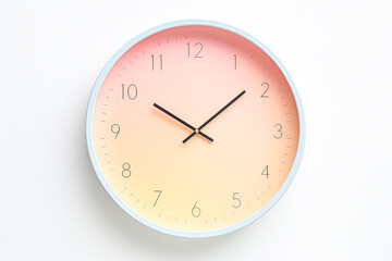 A clock with a pink and blue background and a white face