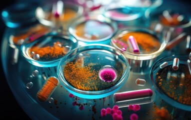 Close-up of Petri dishes containing colorful cultures and samples, illustrating research and experimentation in a laboratory setting.