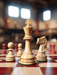 Wooden chess pieces on a chessboard in a warm, cozy room, ready for a strategic game of chess. Focus on the king piece.