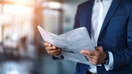 Revenue Operations Head staying informed by reading financial newspaper against blurred background