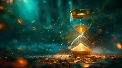 Shiny hourglass symbolizes passing time in business on dark background in AI-generated image
