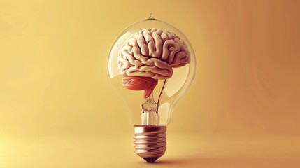 Light bulb with brain AI generative concept on yellow backdrop