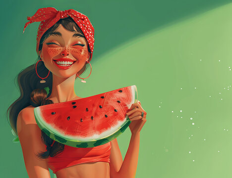 Illustration girl holding large piece watermelon, green background, giving retro, bright happy vibe