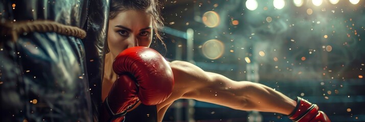 Focused female boxer training in a boxing ring. Copy space