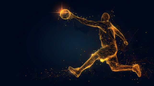 Digital basketball player in action, golden glowing lines and light nodes on dark background