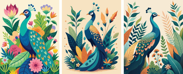 Obraz premium Luxurious peacock, plants and flowers. Vector watercolor illustration.