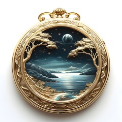Antique Teardrop Locket with Detailed Night Landscape, Gold Embellishments and Ocean View