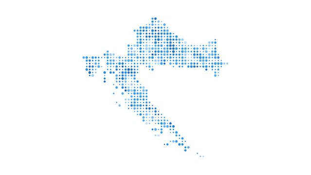 Croatia dotted digital map. Map of Croatia with pulsating colored circles. Shape of the country filled with blue disks. Captivating video.