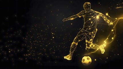 Naklejka premium Golden Low Poly Soccer Player with Geometric Design, Illuminated Abstract Sports Art on Dark Background