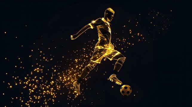 Abstract Geometric Soccer Player in Golden Hues, Low Poly Design with Glowing Effects, Modern Digital Art - Powered by Adobe