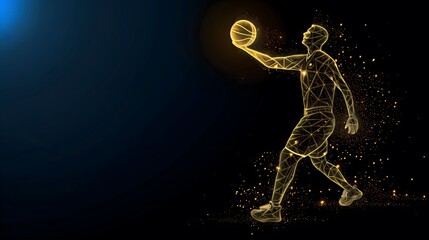 Fototapeta premium Geometric Golden Basketball Player in Action with Glowing Lines and Dots on Dark Blue Background