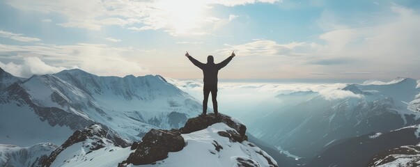Mountaineer celebrating summit success at sunrise.