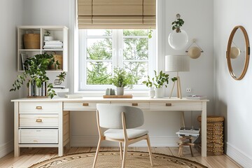 A cozy and bright home office with a white desk, a comfortable chair, and natural light streaming in from the window.