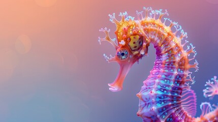 Colorful 3D Seahorse With Detailed Texture And Coral-Like Fins Against Soft Pink And Blue Gradient Background